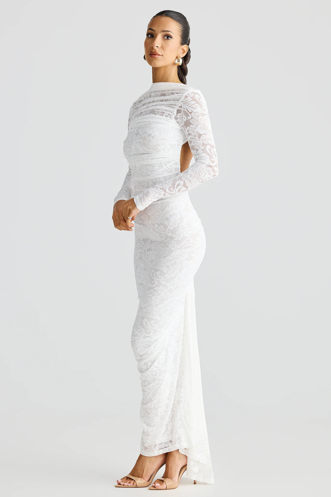Amara white lace long sleeve midi dress, view 3