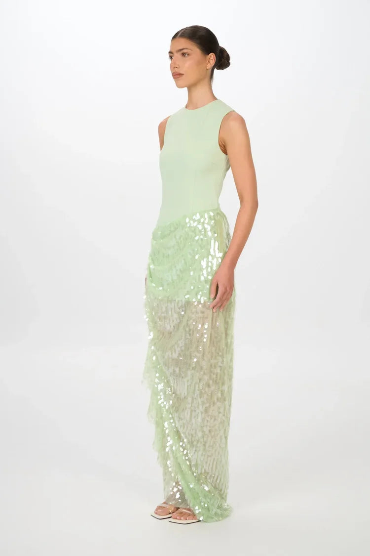 Zoi spearmint sequin high neck maxi dress, view 3