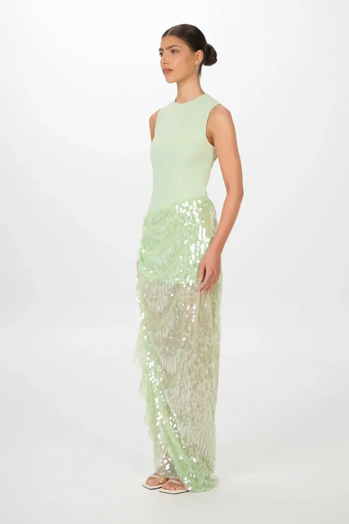 Zoi spearmint sequin high neck maxi dress, view 3