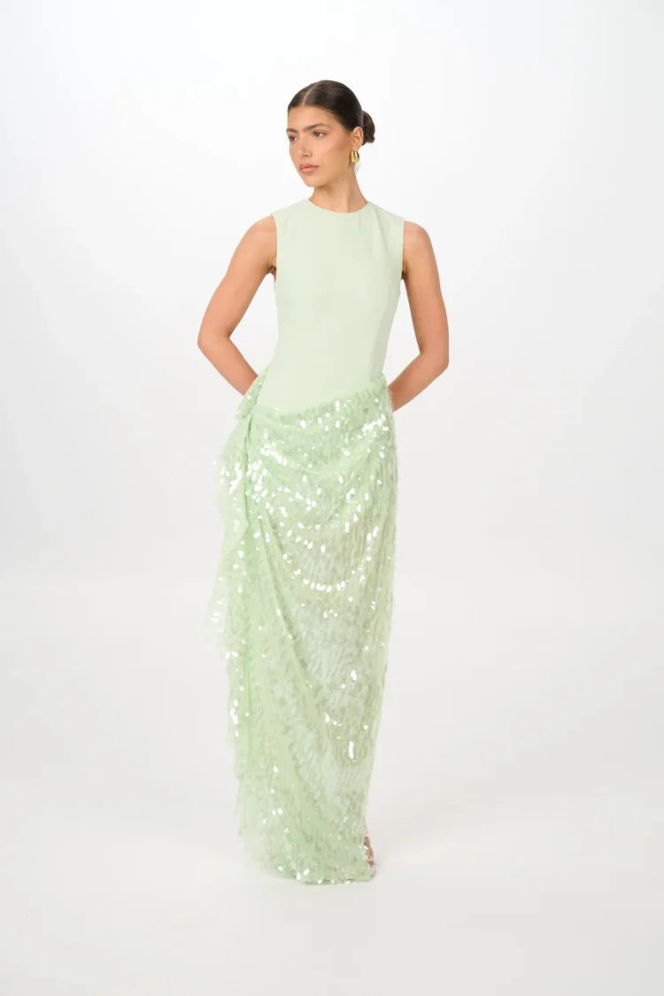 Zoi spearmint sequin high neck maxi dress