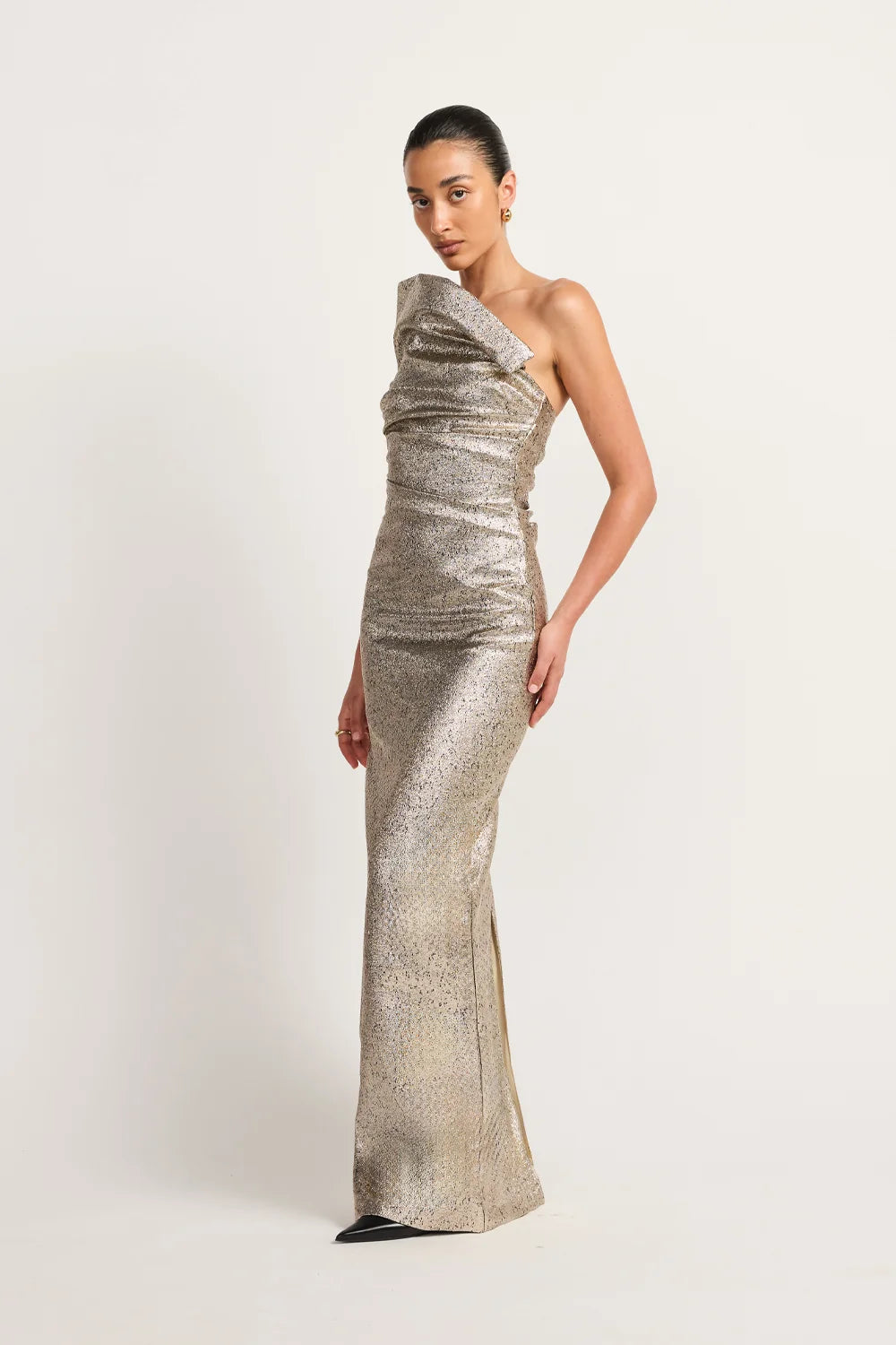 Tacoma metallic champagne strapless dress, view 2