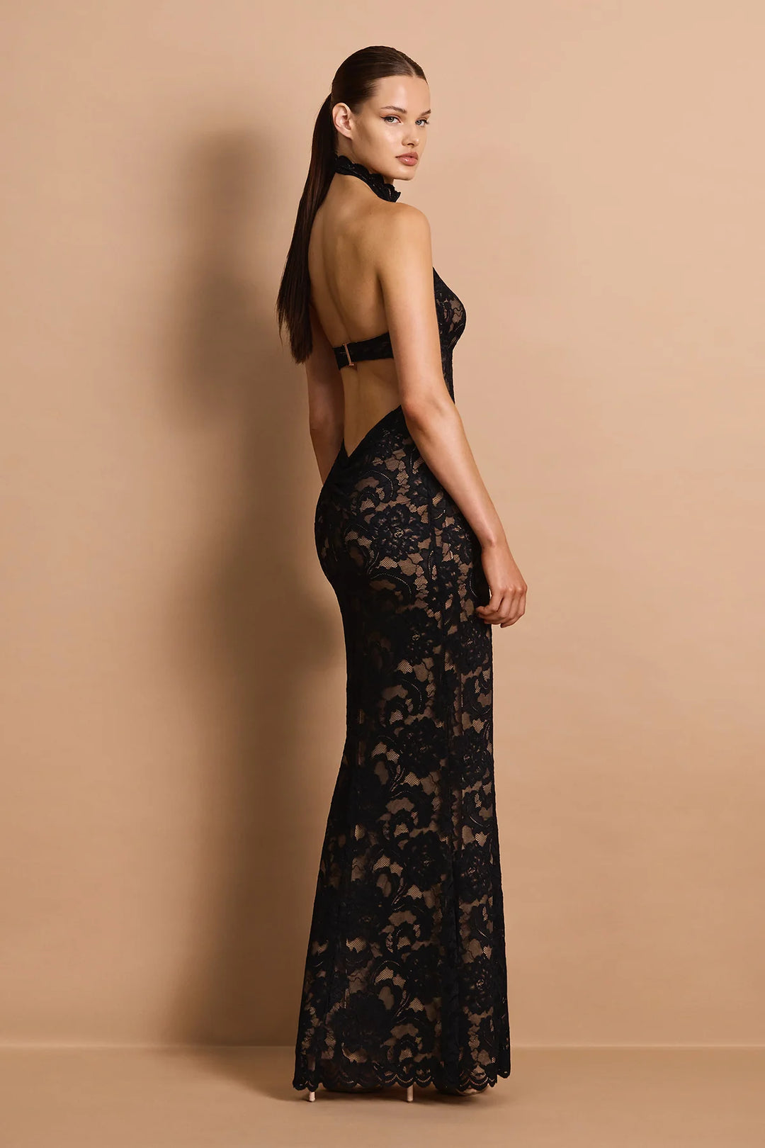 Delphine black halter lace open back gown, view 2