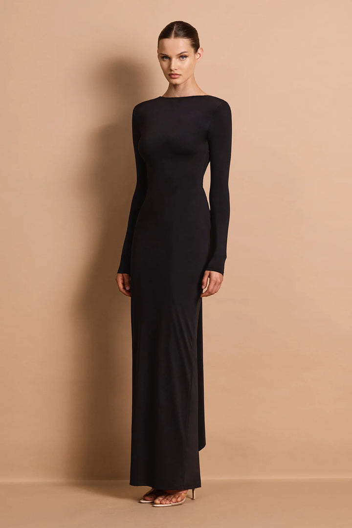 Charlize black 2-way long sleeve plunge maxi dress, view 4