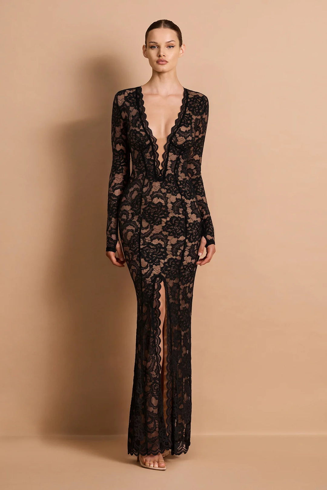 Delphine black long sleeve lace plunge gown, view 3