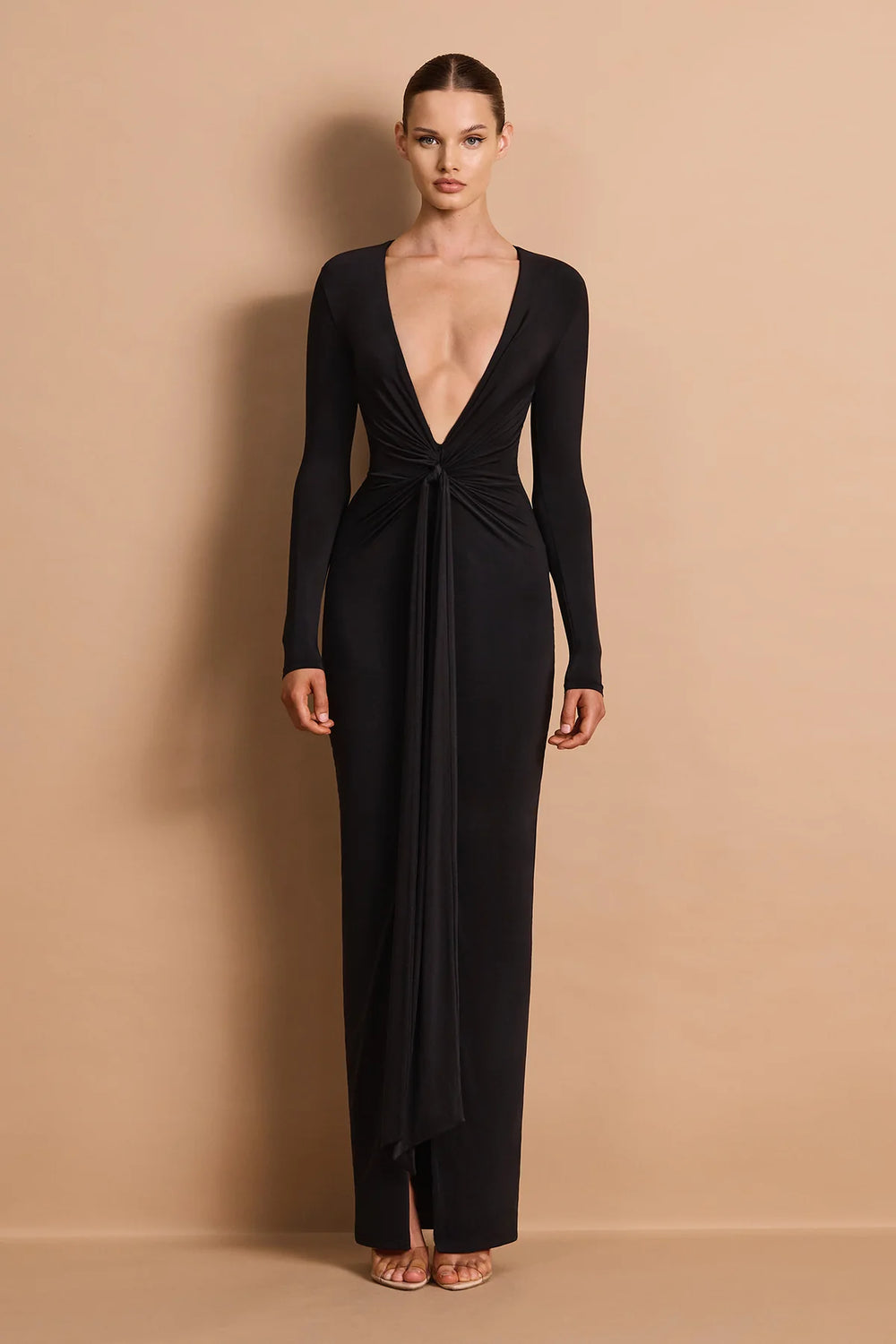 Charlize black 2-way long sleeve plunge maxi dress, view 2