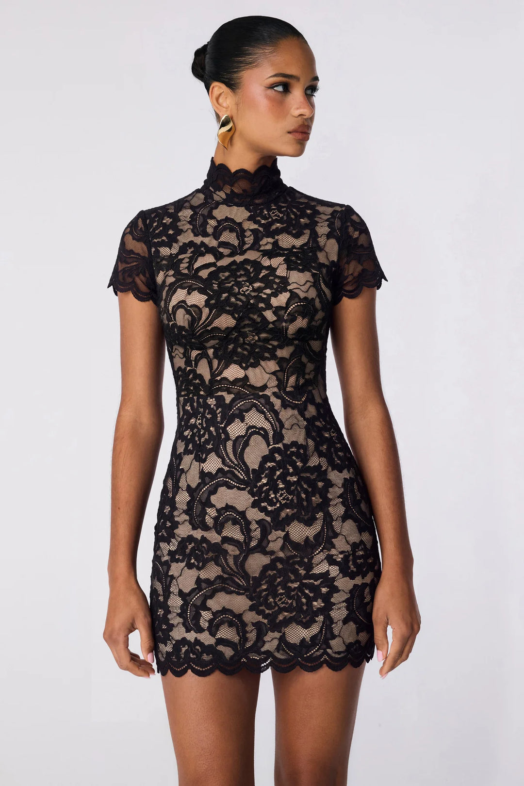 Alessia black high neck lace mini dress, view 2