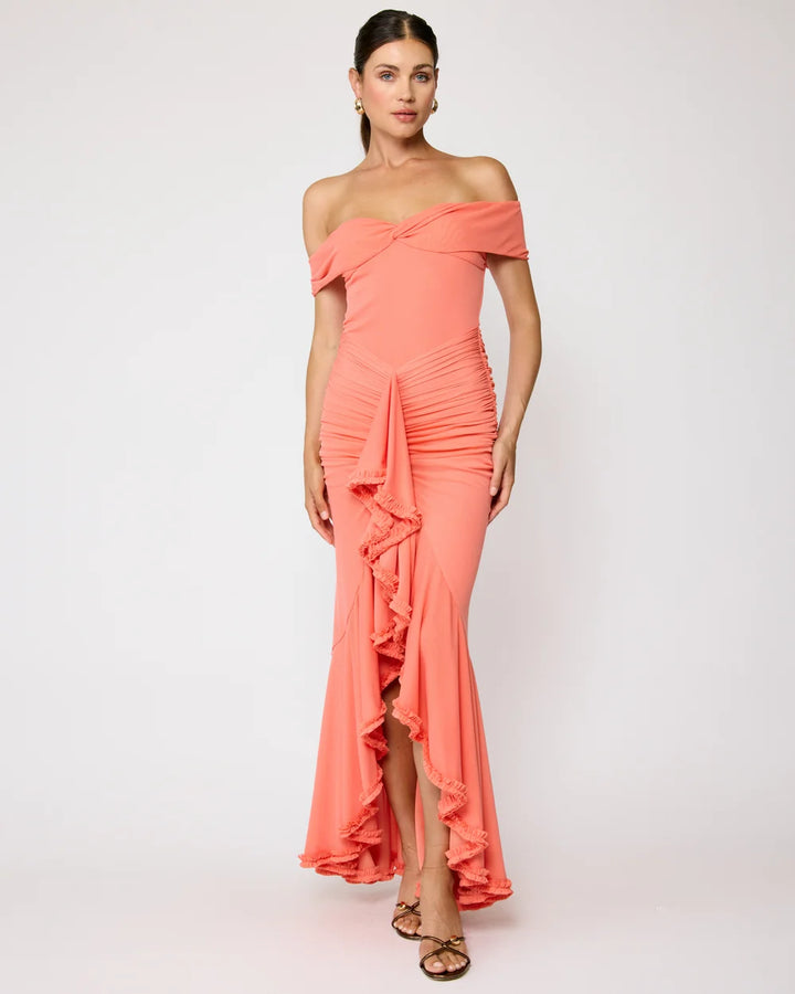 Soller coral ruffle maxi dress