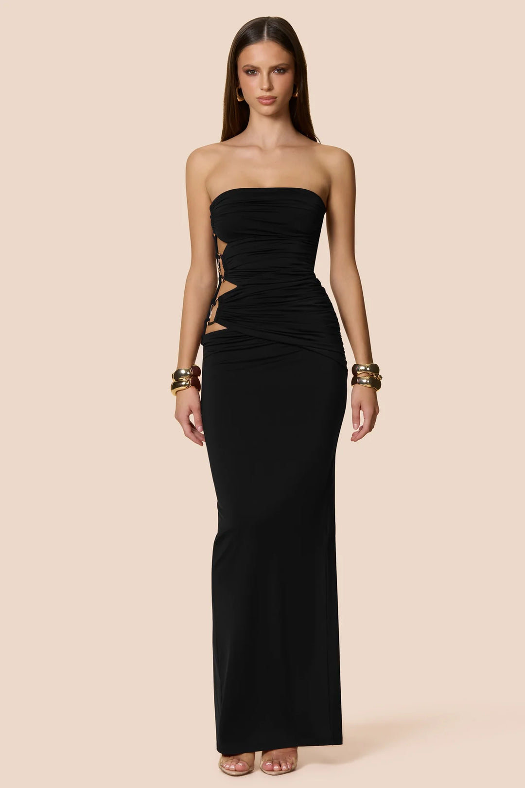 Portia Bandeau black strapless ruched maxi dress