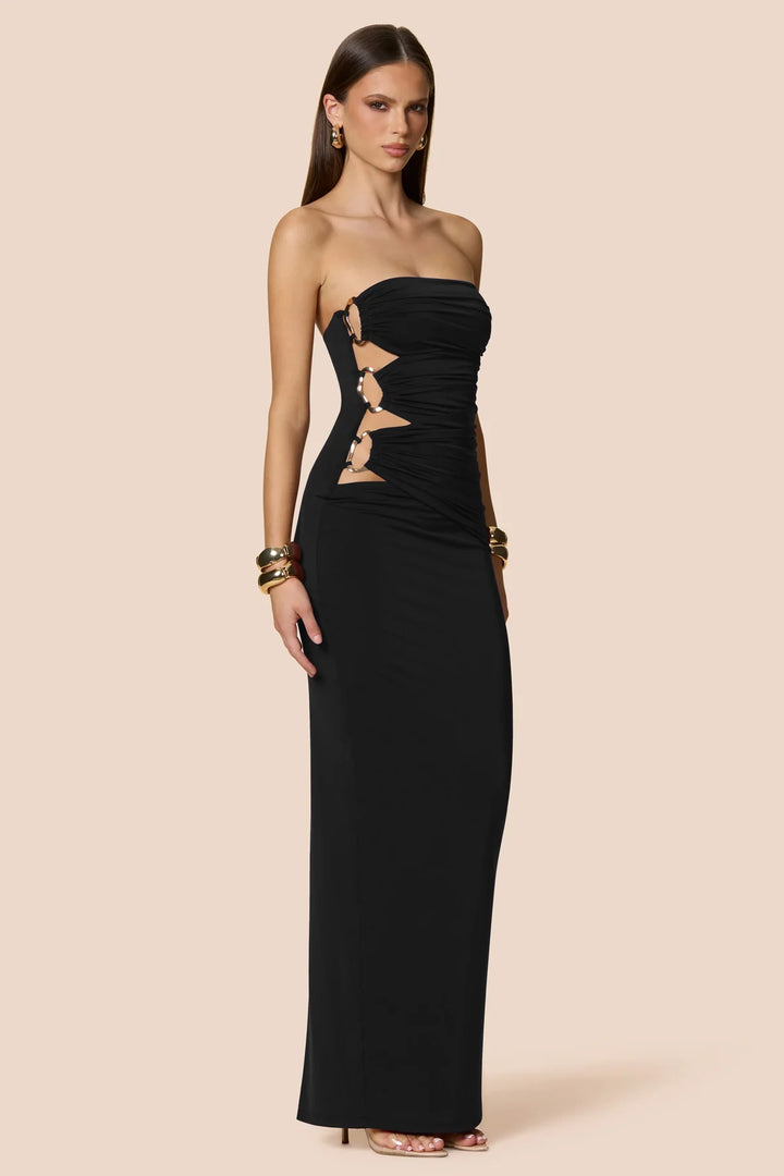 Portia Bandeau black strapless ruched maxi dress, view 2