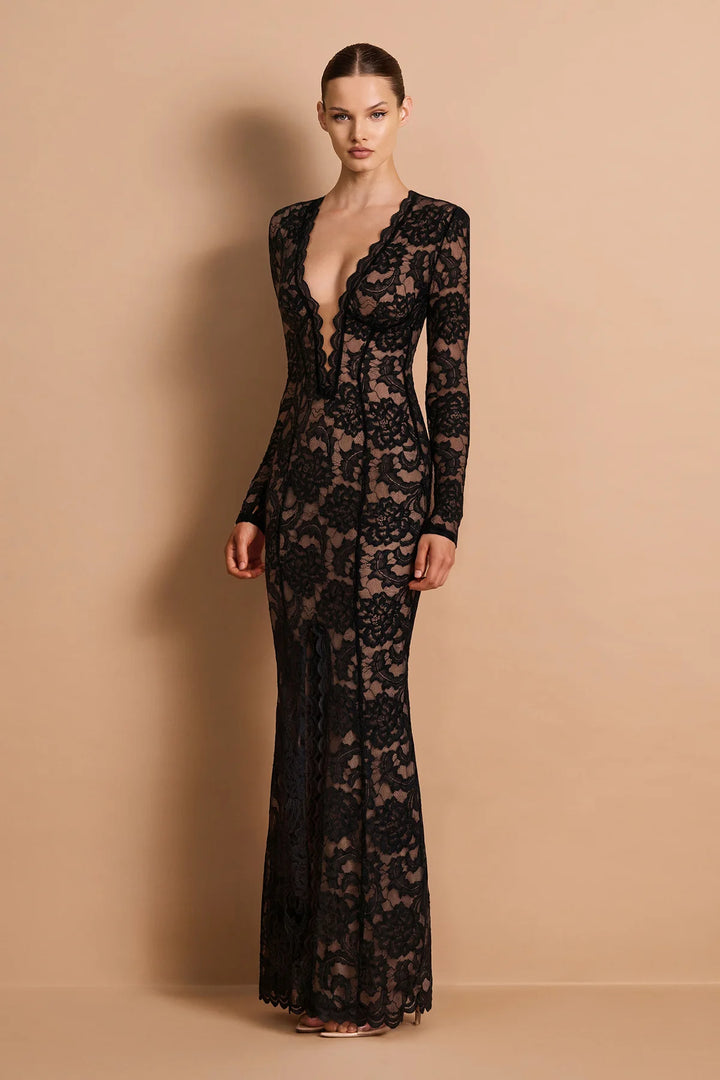 Delphine black long sleeve lace plunge gown