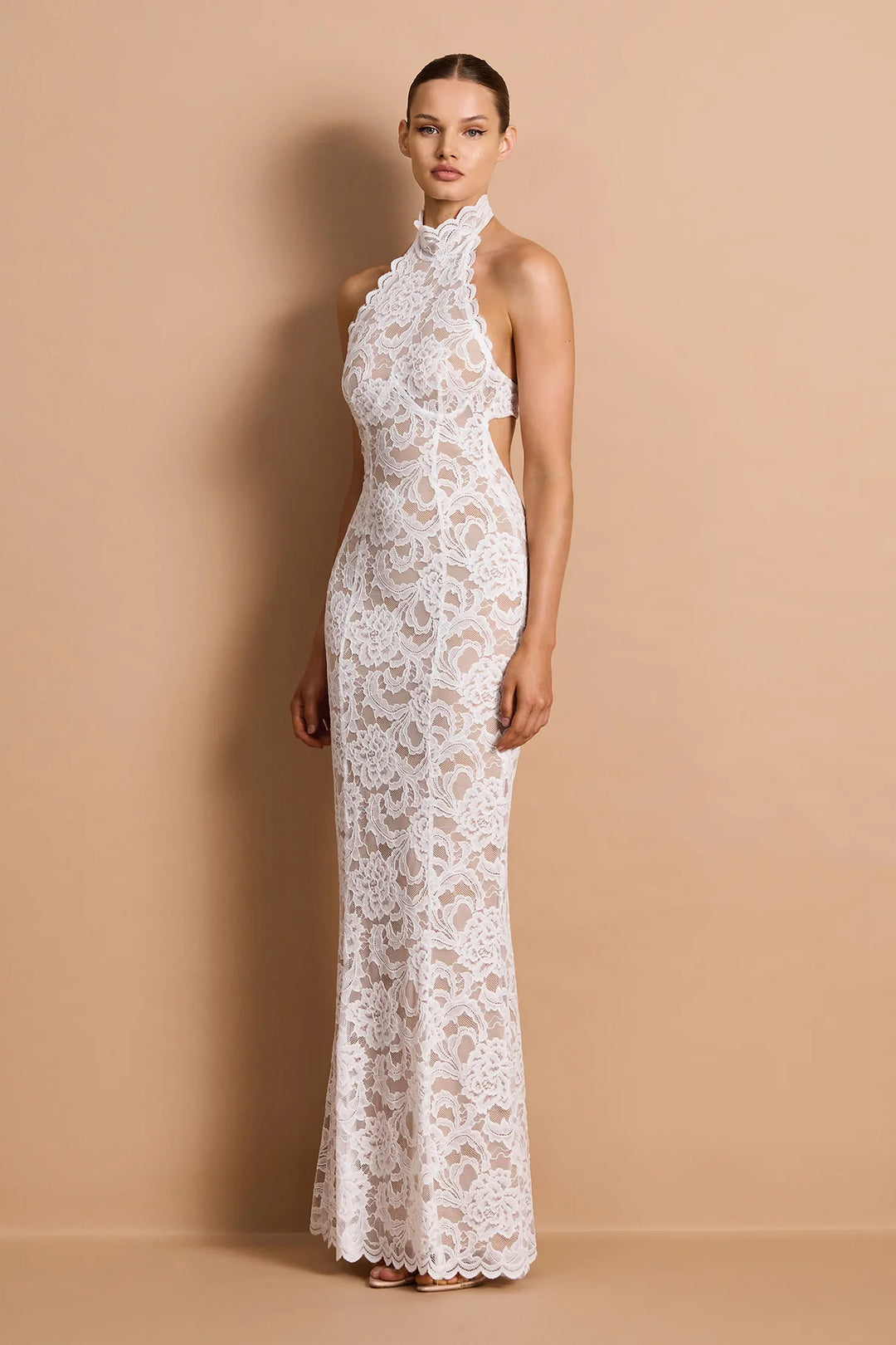 Delphine white halter lace open back gown, view 2