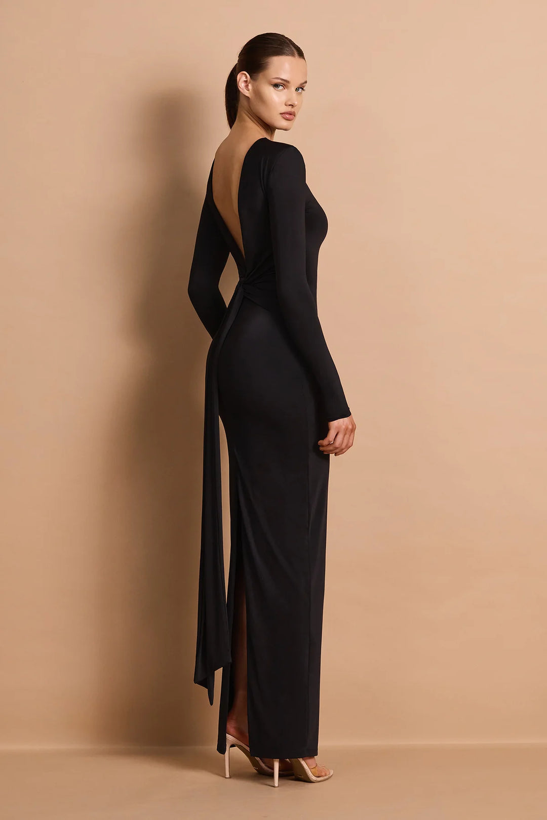 Charlize black 2-way long sleeve plunge maxi dress, view 3