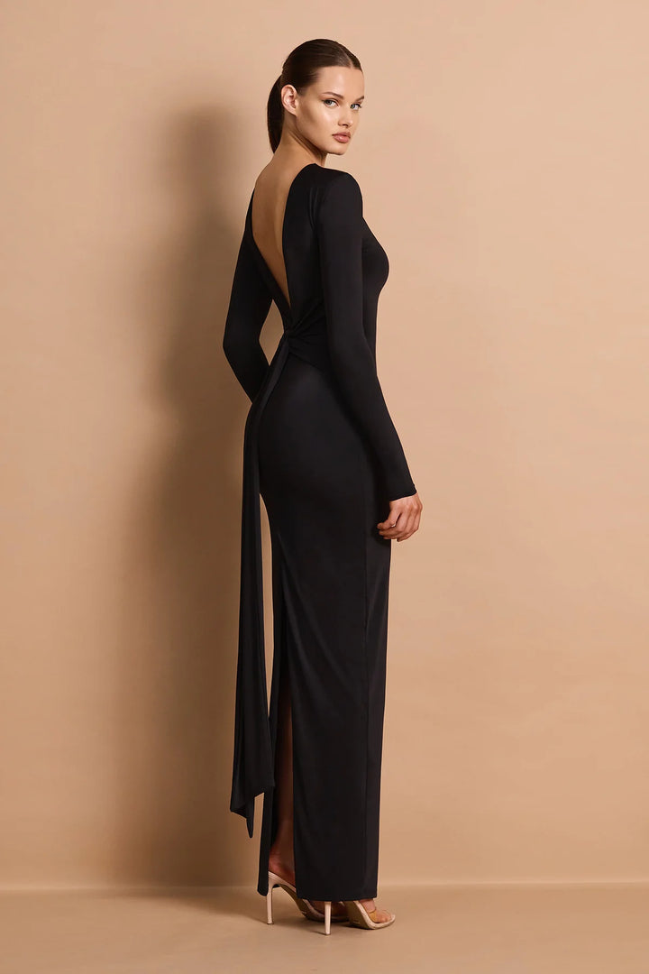 Charlize black 2-way long sleeve plunge maxi dress, view 3
