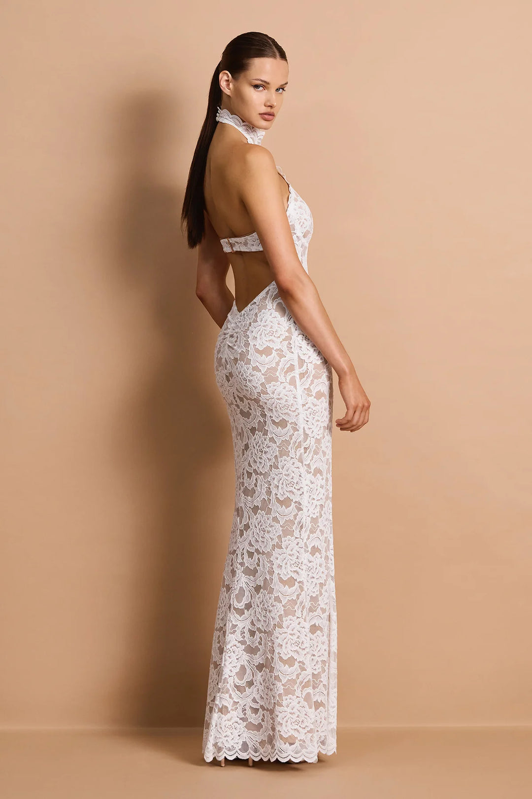 Delphine white halter lace open back gown, view 3