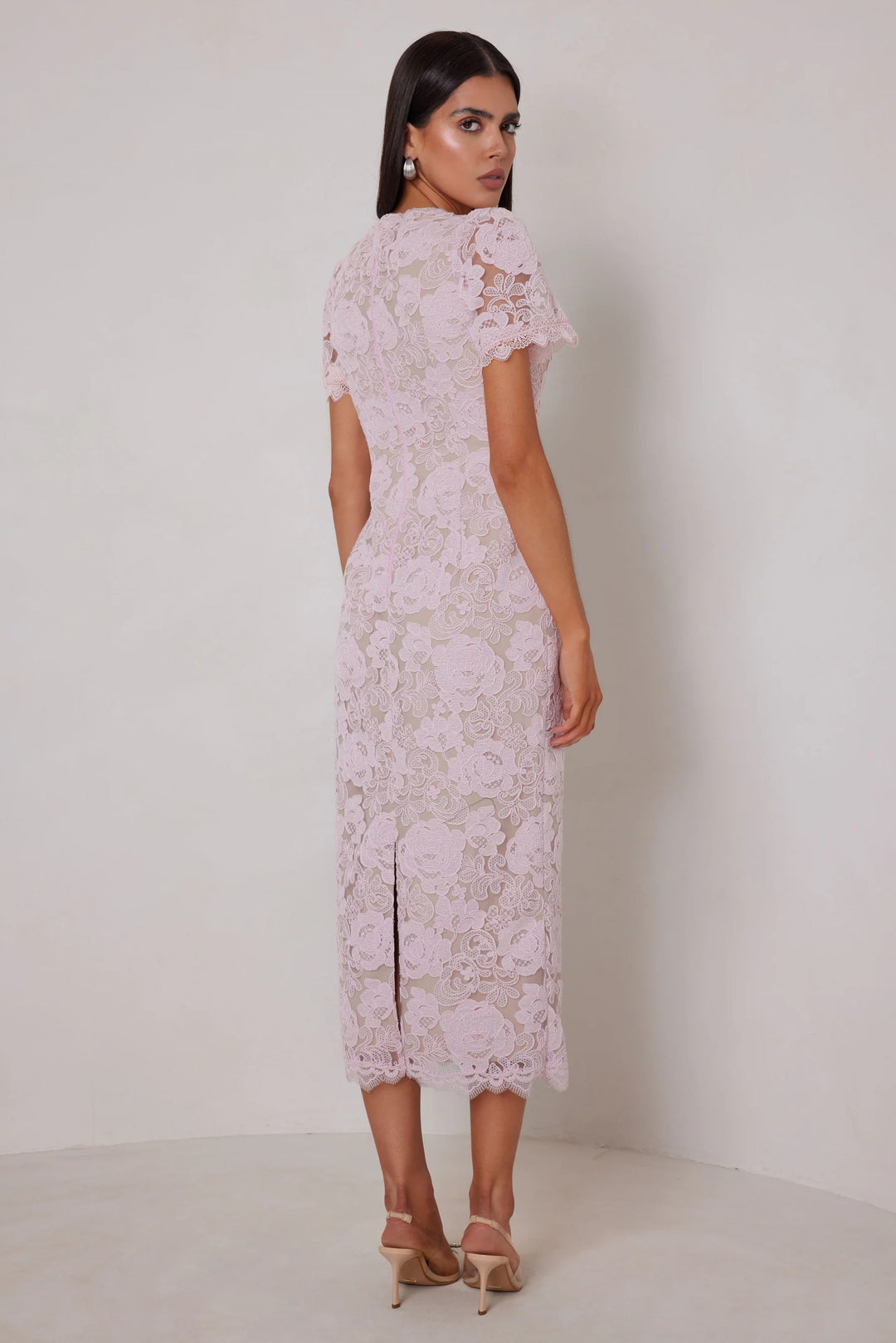 Caitlin pink lace midi dress, view 2
