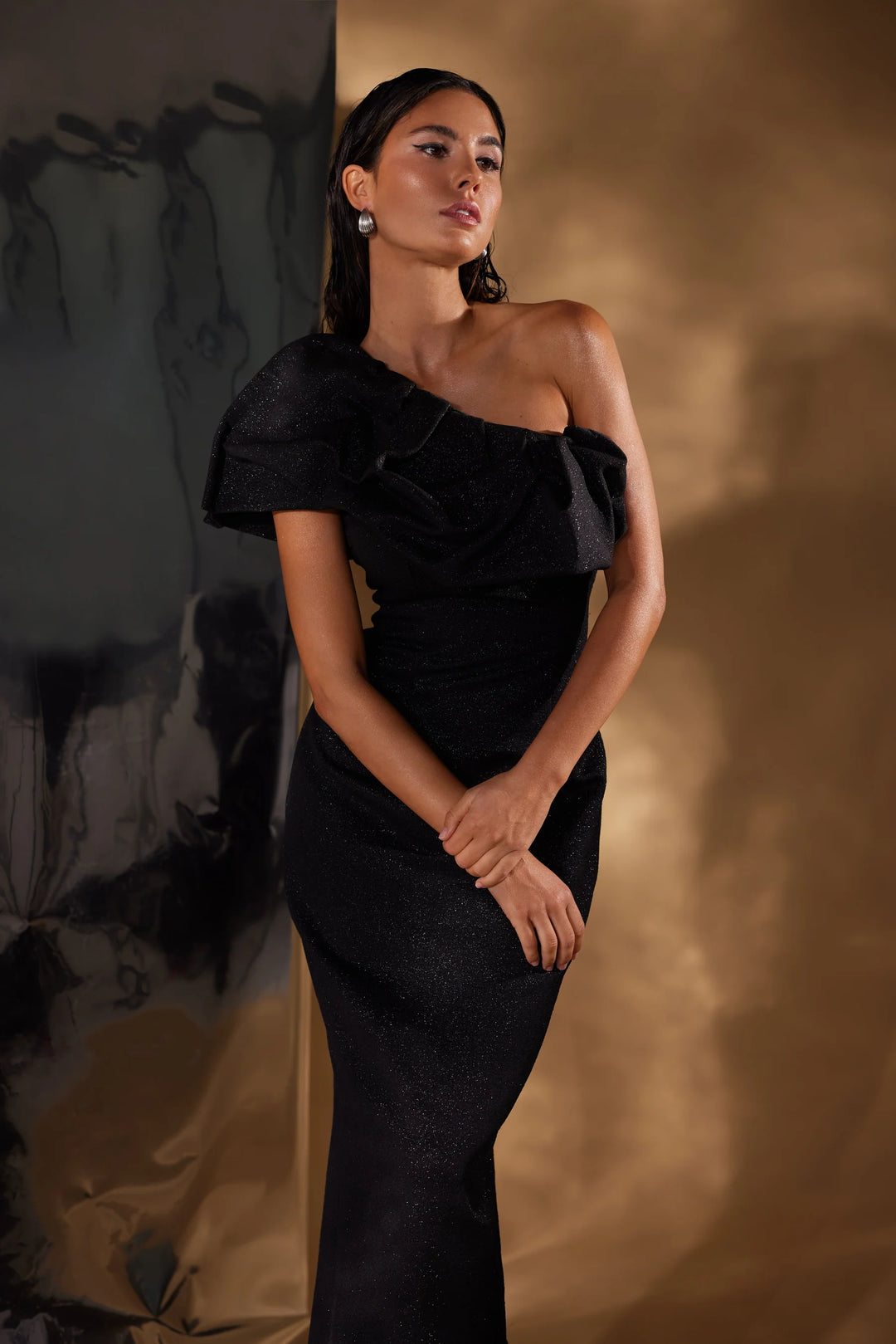 Hayden black one shoulder ruffle maxi dress, view 2
