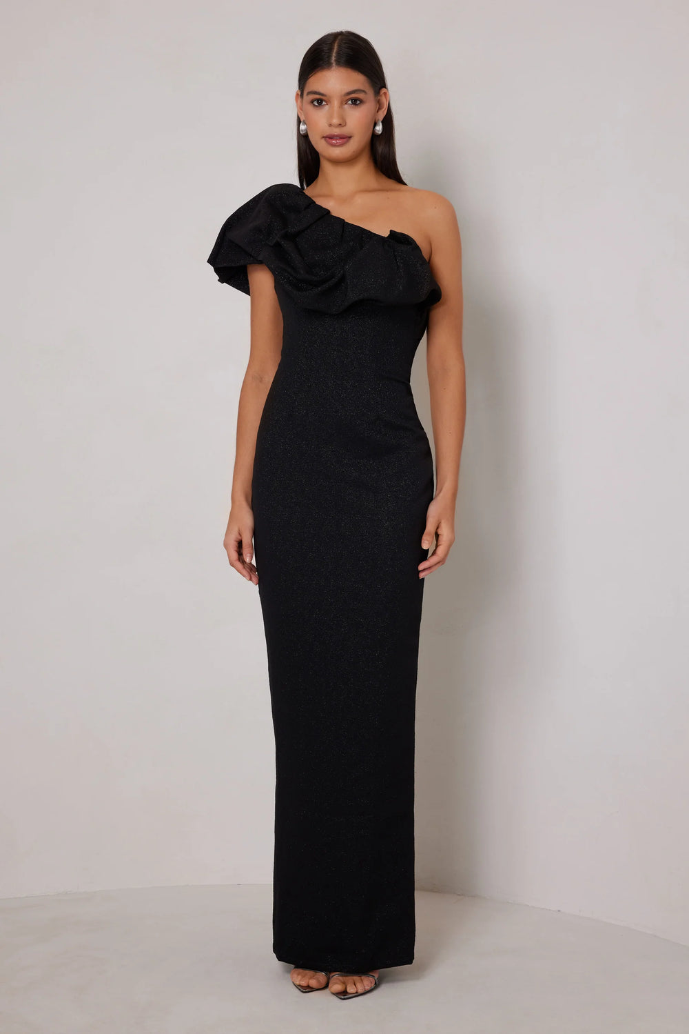 Hayden black one shoulder ruffle maxi dress