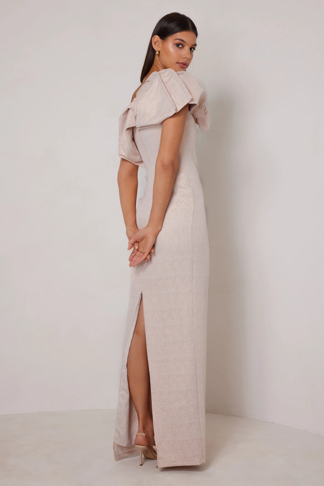 Hayden rose gold one shoulder ruffle maxi dress, view 2