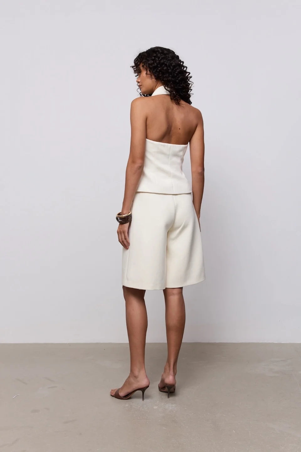 White cotton mix zip detail halter top, view 2