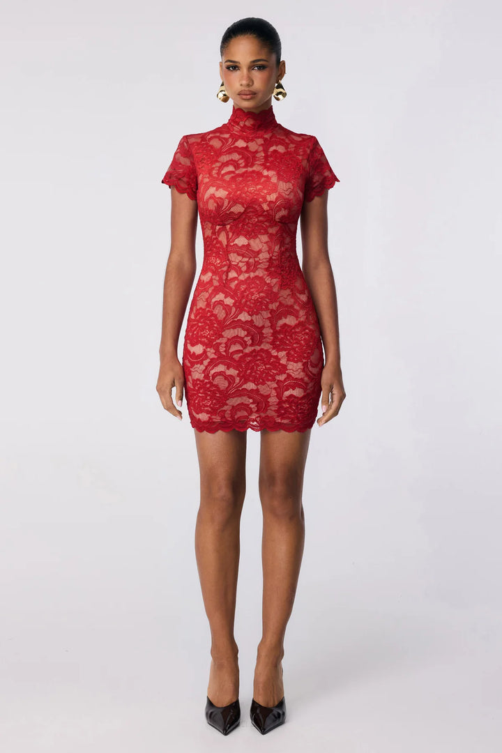 Alessia red high neck lace mini dress