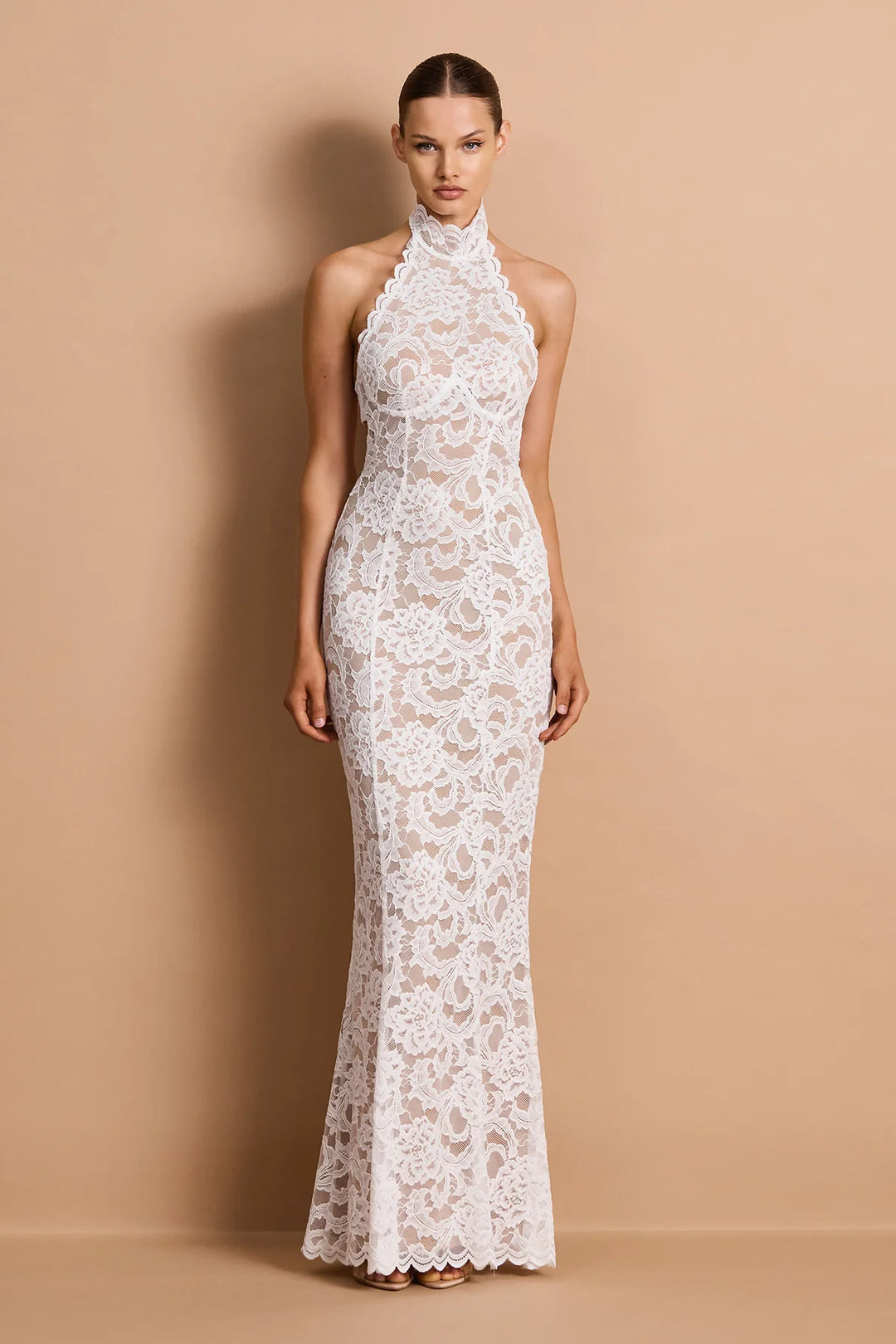 Delphine white halter lace open back gown