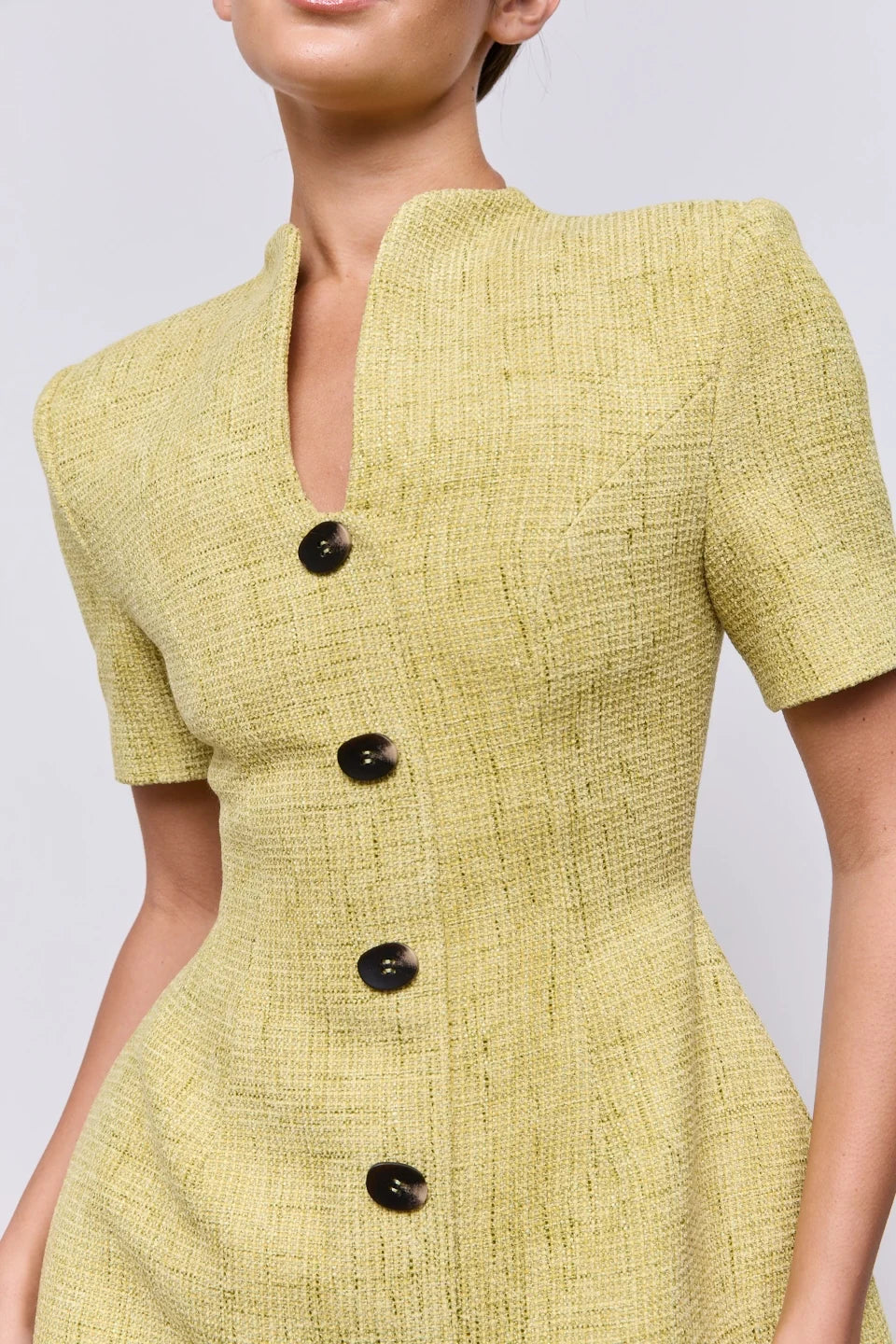 Boucle green cotton mix v-neck mini dress, view 3