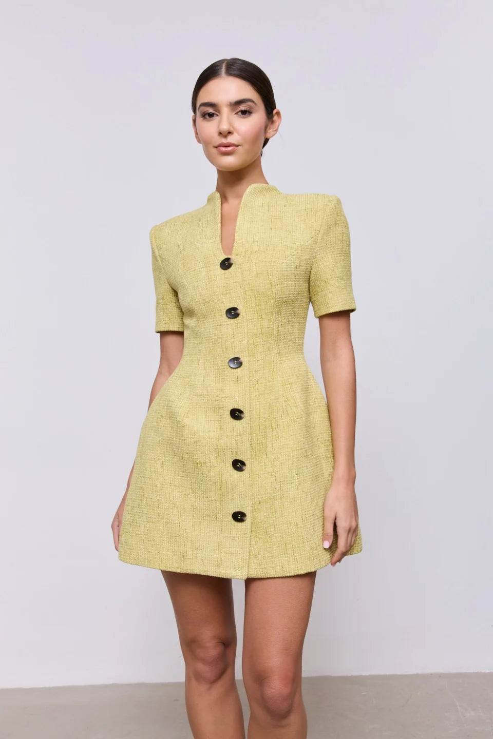 Boucle green cotton mix v-neck mini dress