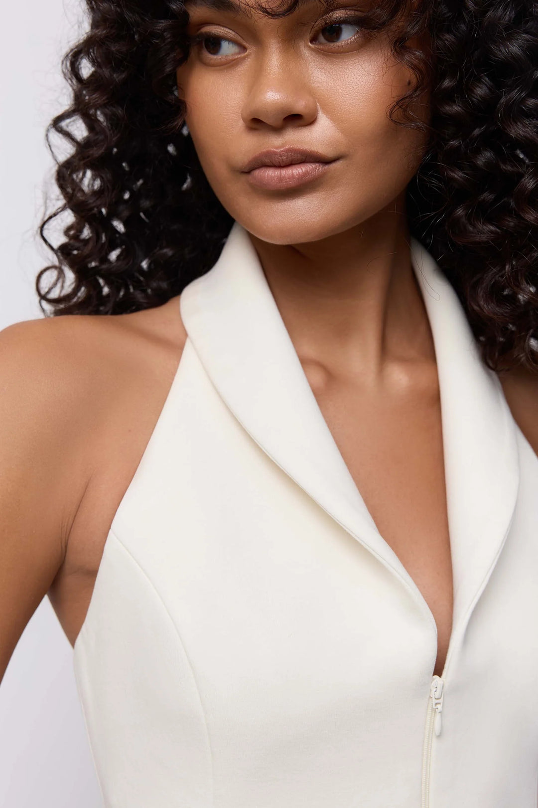 White cotton mix zip detail halter top, view 3