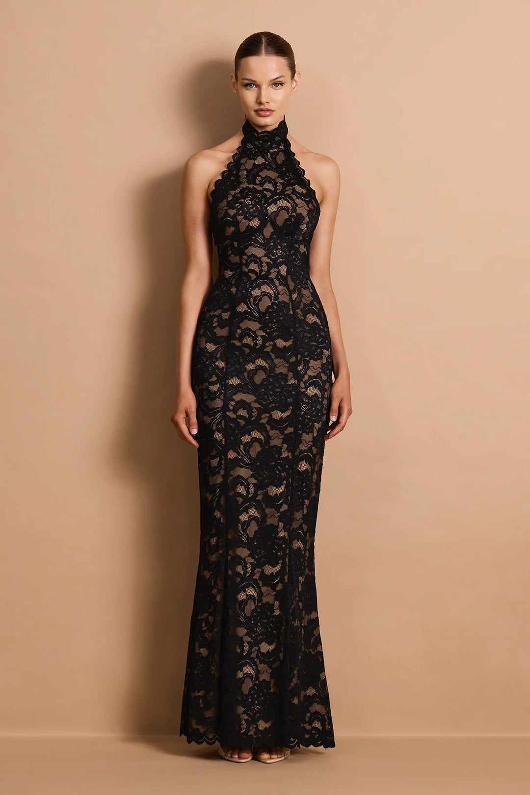 Delphine black halter lace open back gown