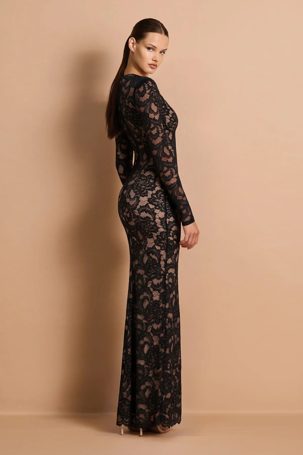 Delphine black long sleeve lace plunge gown, view 2