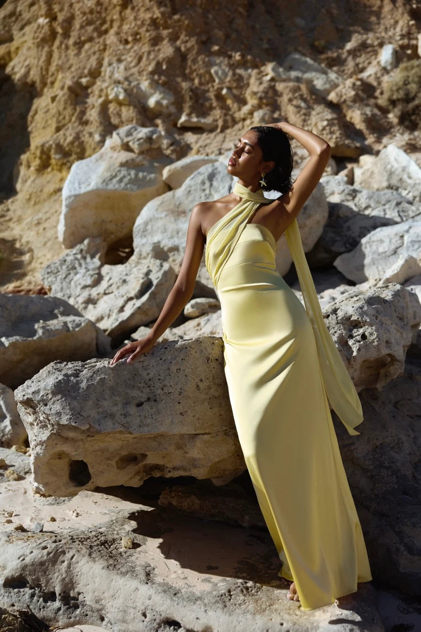 Hali yellow satin cut-out maxi dress, view 2