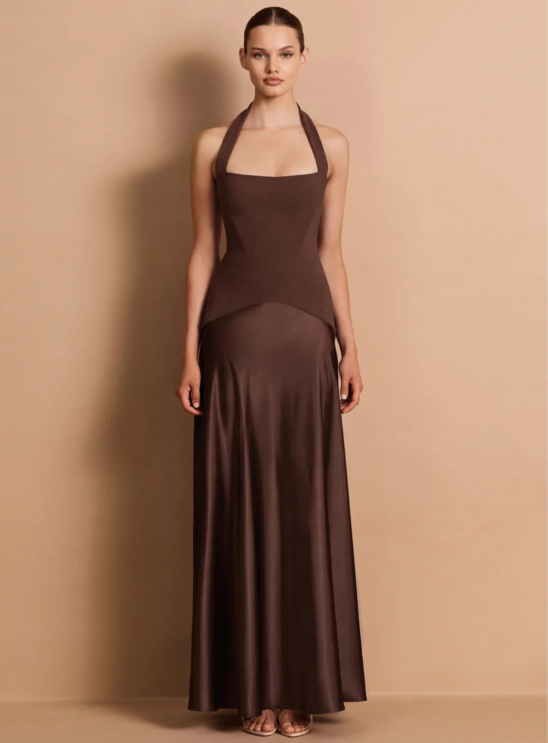 Alice brown halter satin maxi dress
