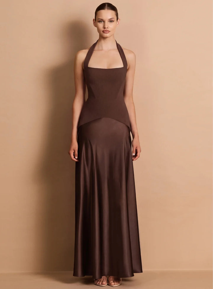 Alice brown halter satin maxi dress
