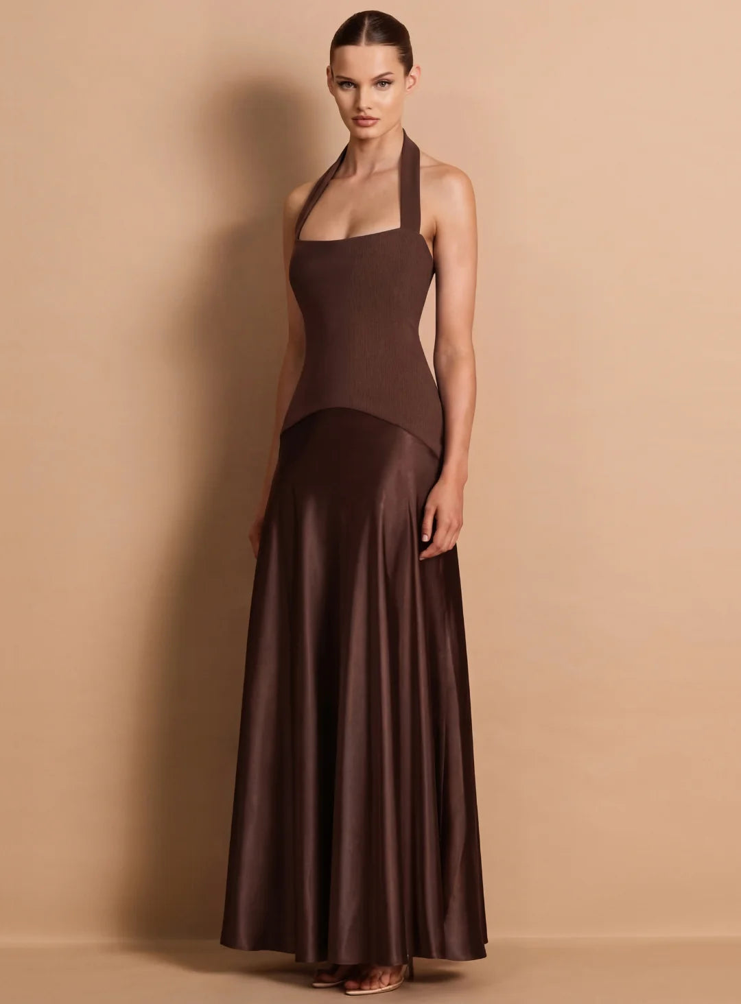 Alice brown halter satin maxi dress, view 3