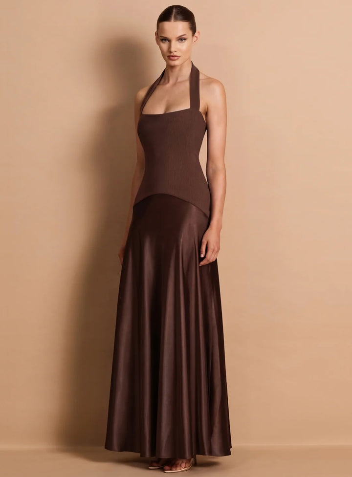 Alice brown halter satin maxi dress, view 3