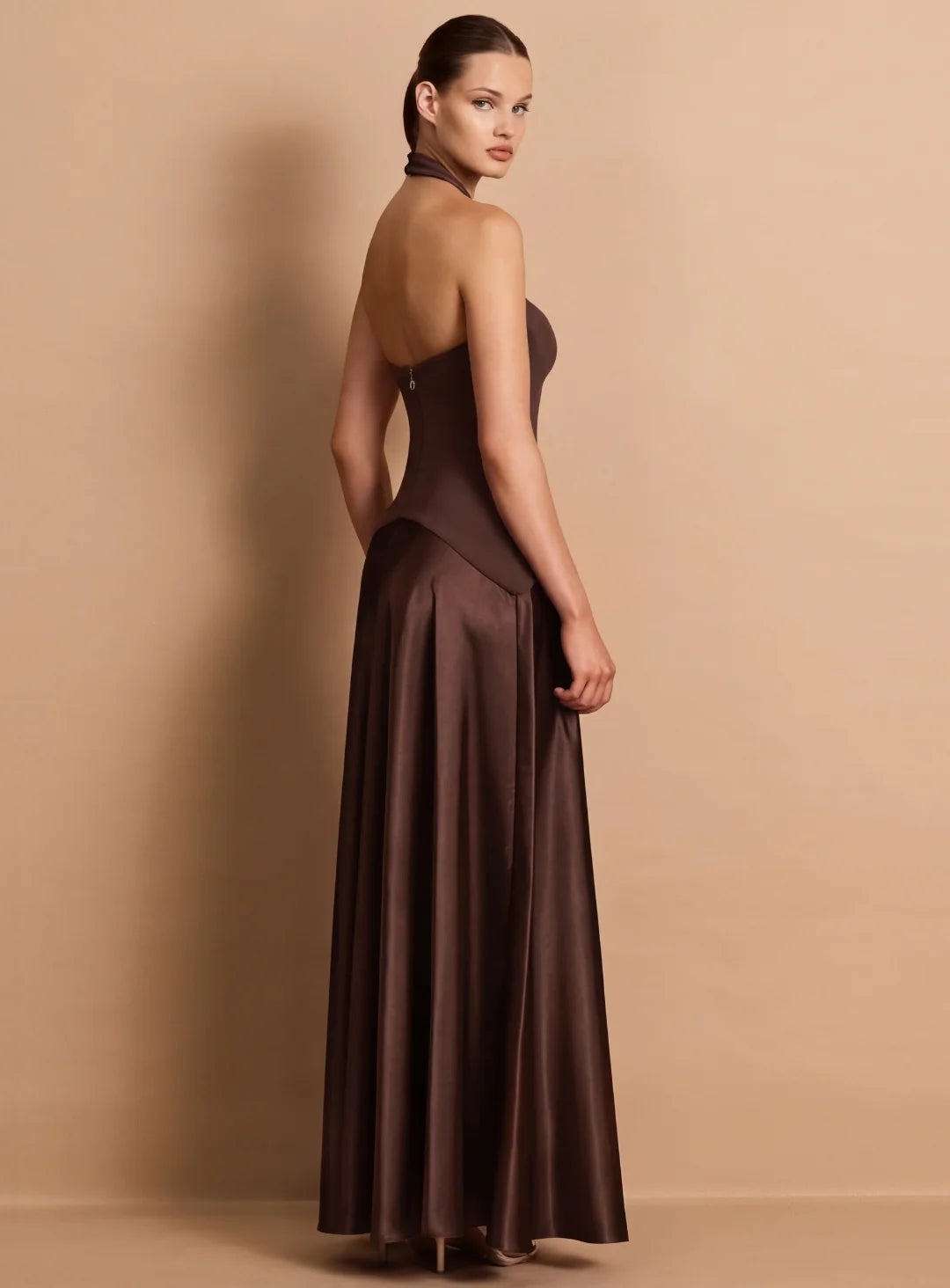 Alice brown halter satin maxi dress, view 2