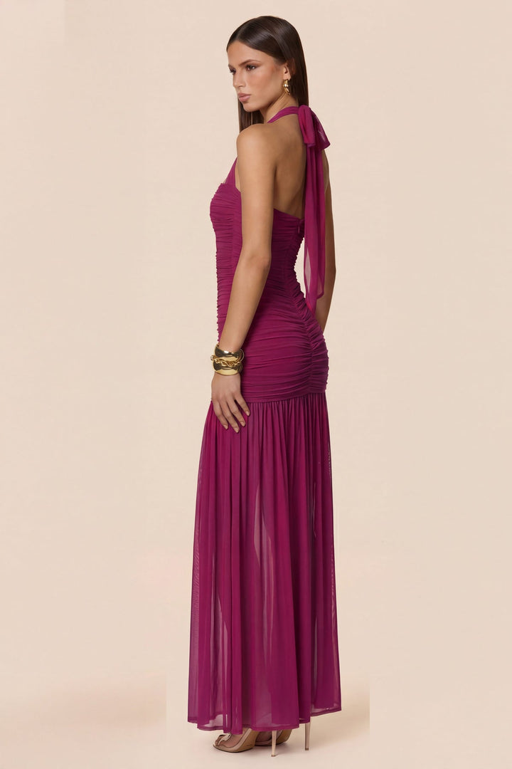 Thrill pink mesh halter gown, view 2