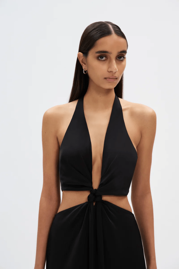 Wander black satin plunge gown, view 4