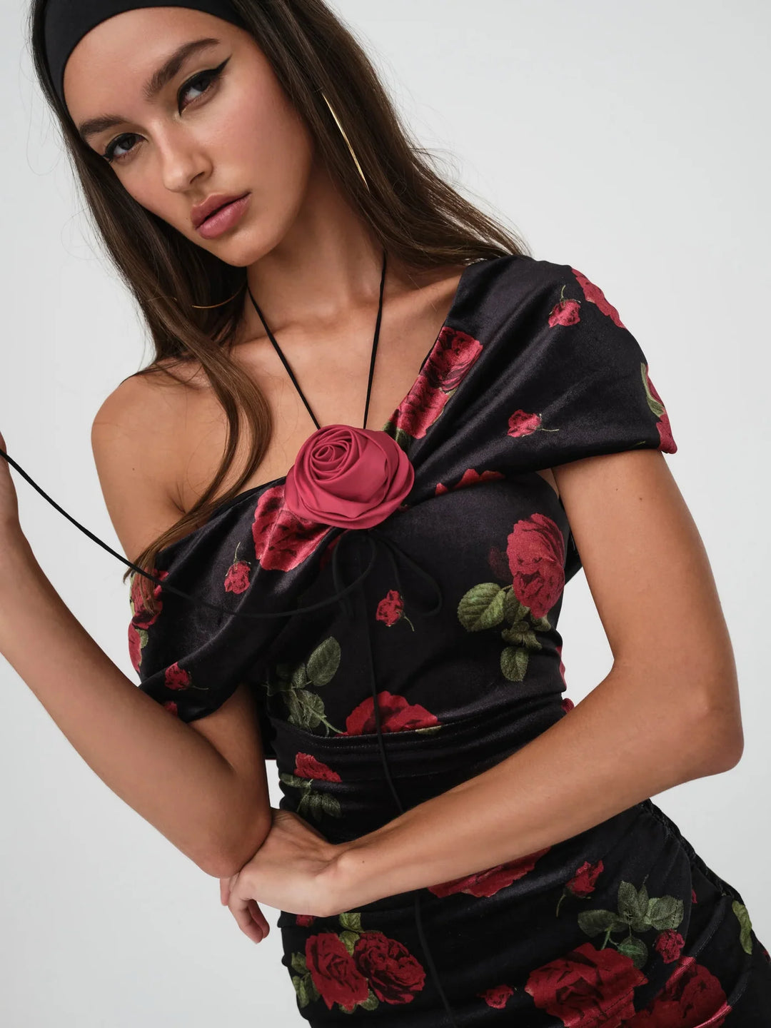 Bianca black floral velvet halter mini dress, view 2