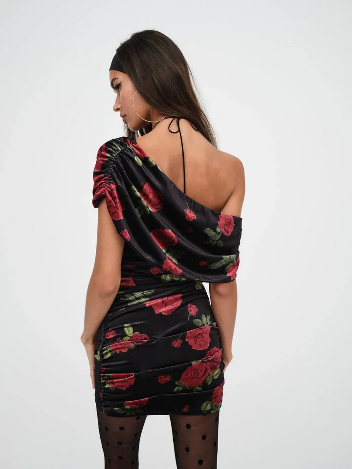 Bianca black floral velvet halter mini dress, view 4