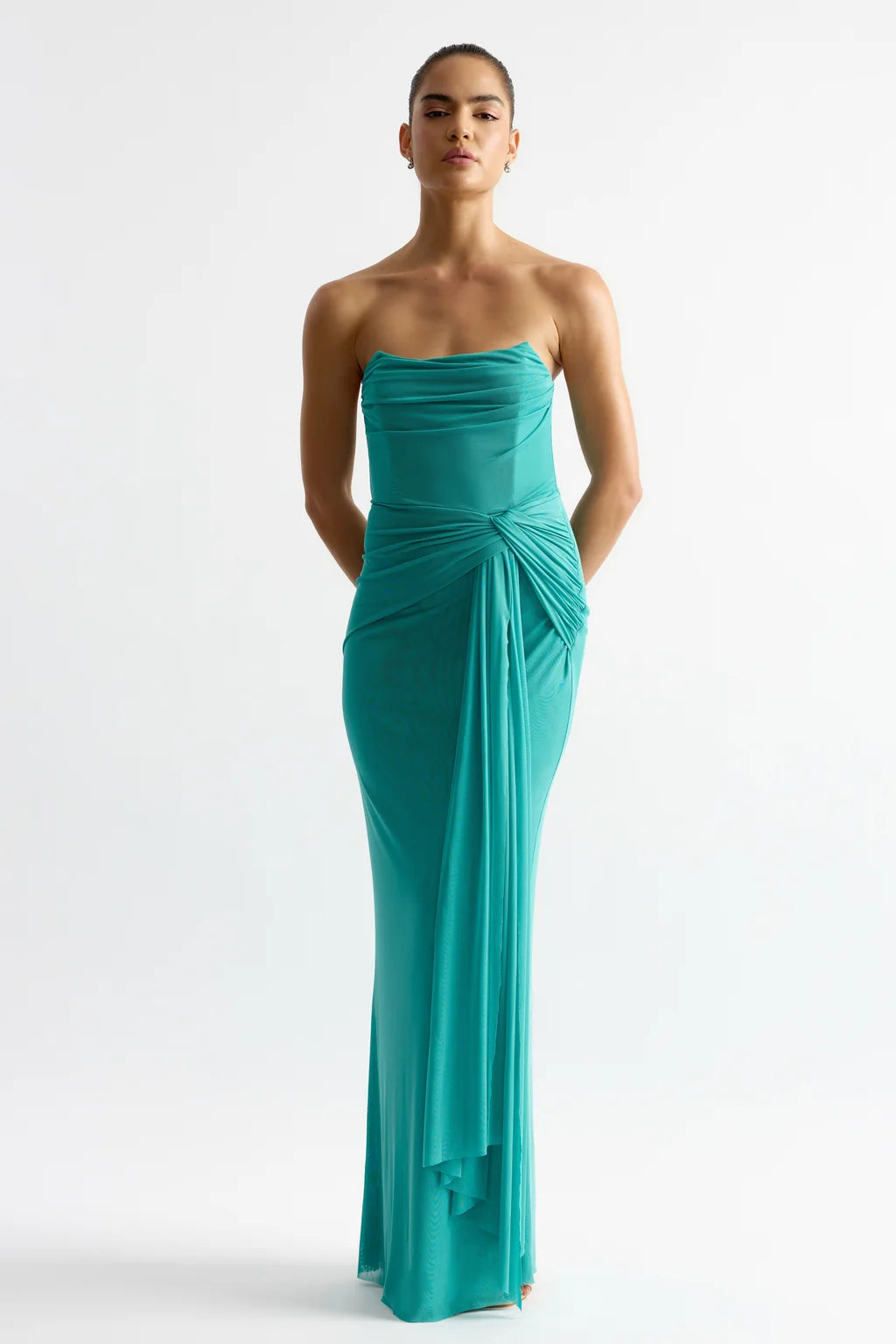 Jules teal mesh strapless maxi dress