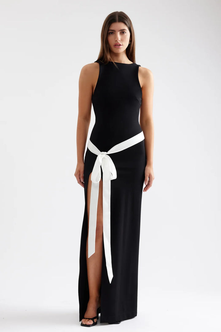 Katherine black satin high neck dress