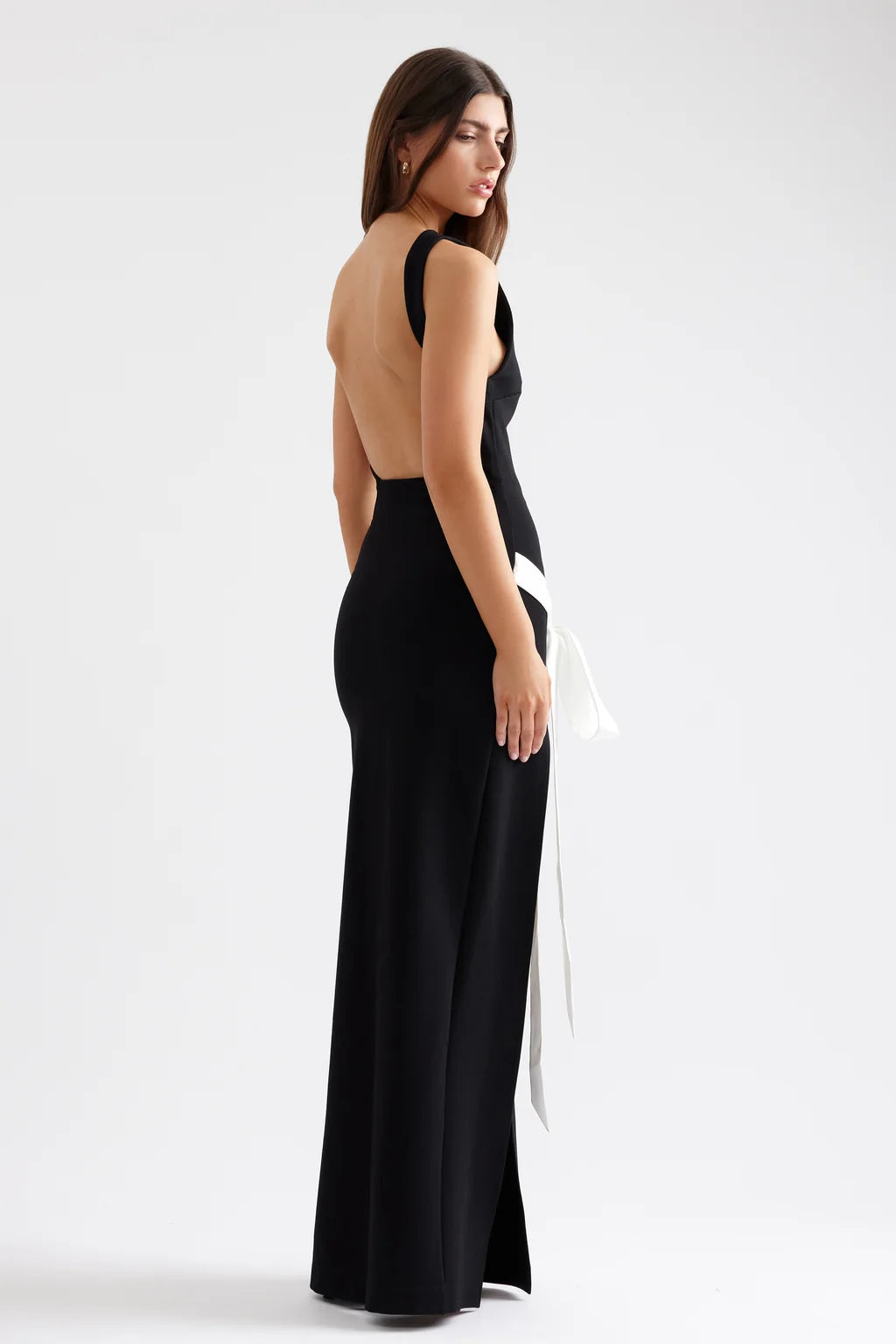 Katherine black satin high neck dress, view 2