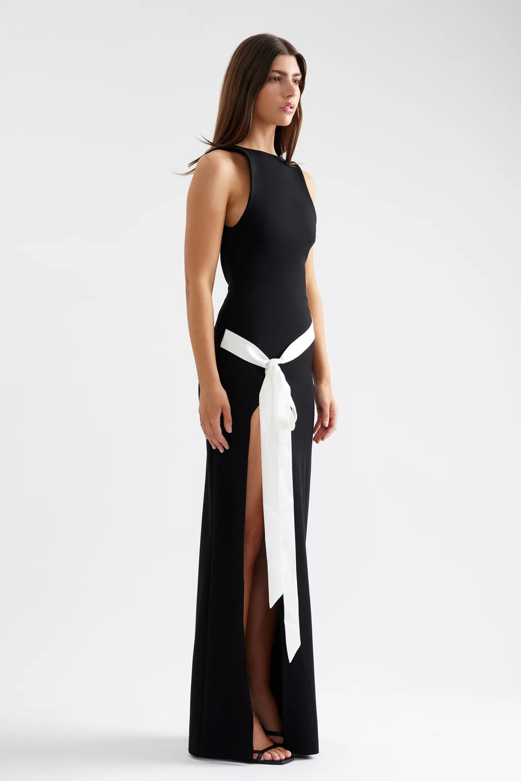 Katherine black satin high neck dress, view 3