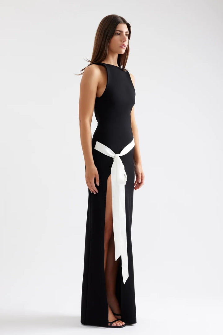 Katherine black satin high neck dress, view 3