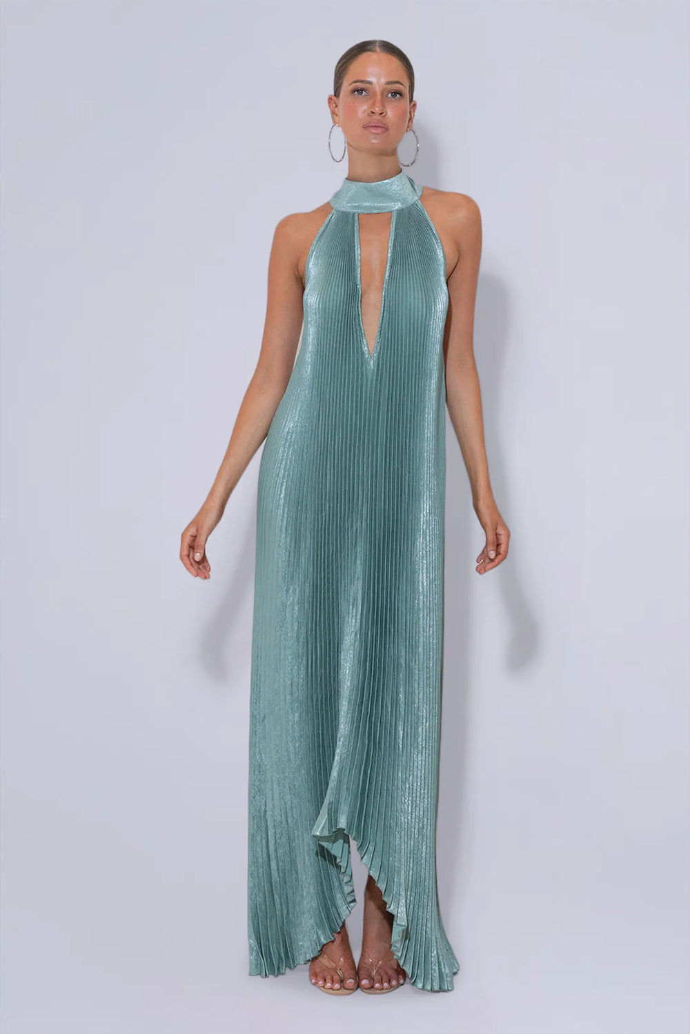 Opera green halter pleated gown