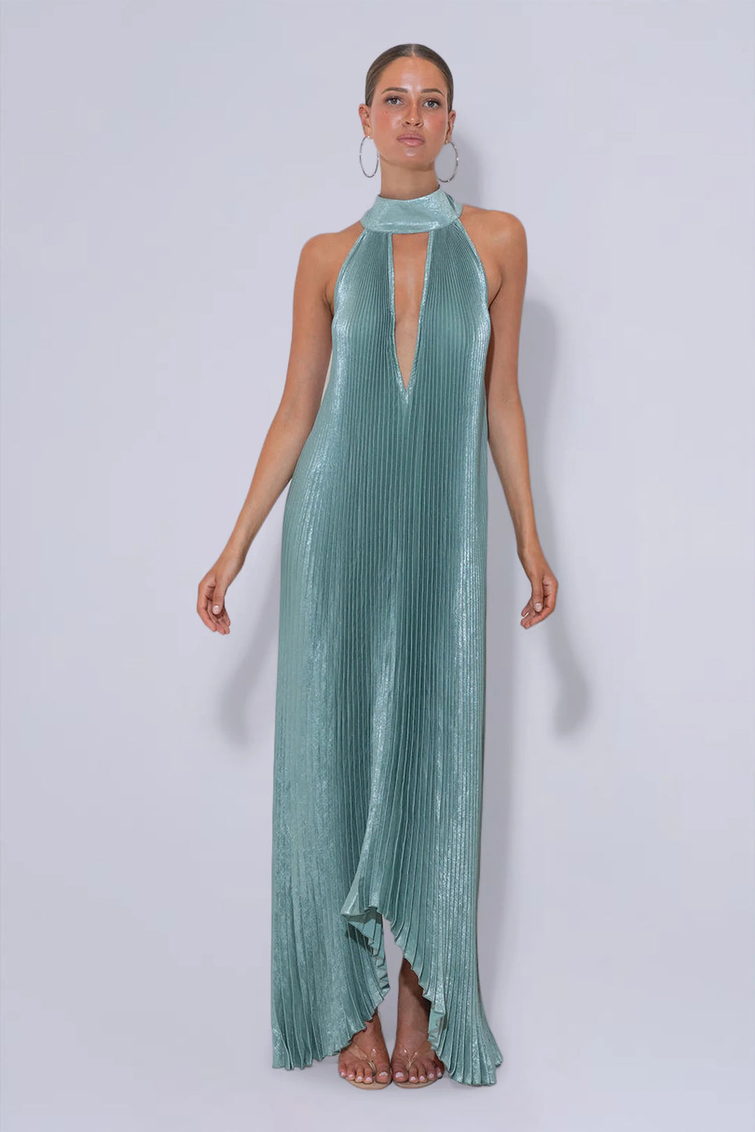 Opera green halter pleated gown