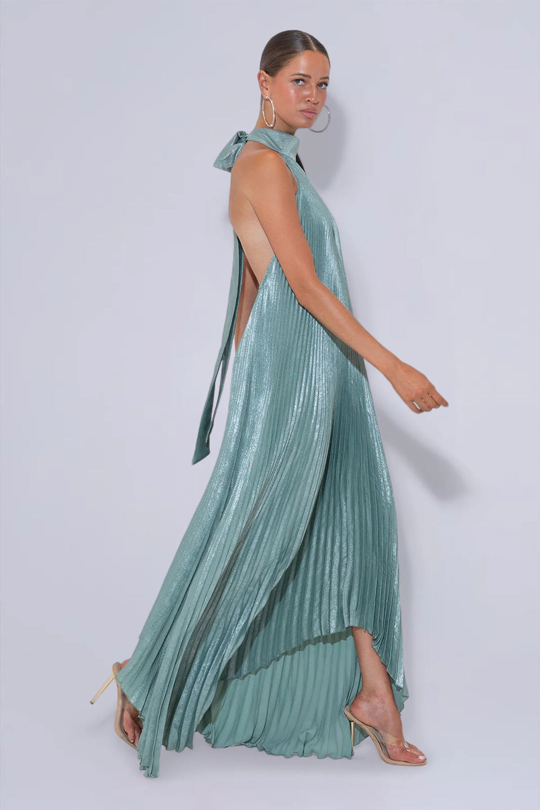 Opera green halter pleated gown, view 3