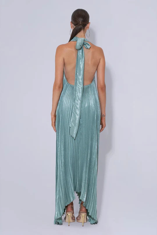 Opera green halter pleated gown, view 2