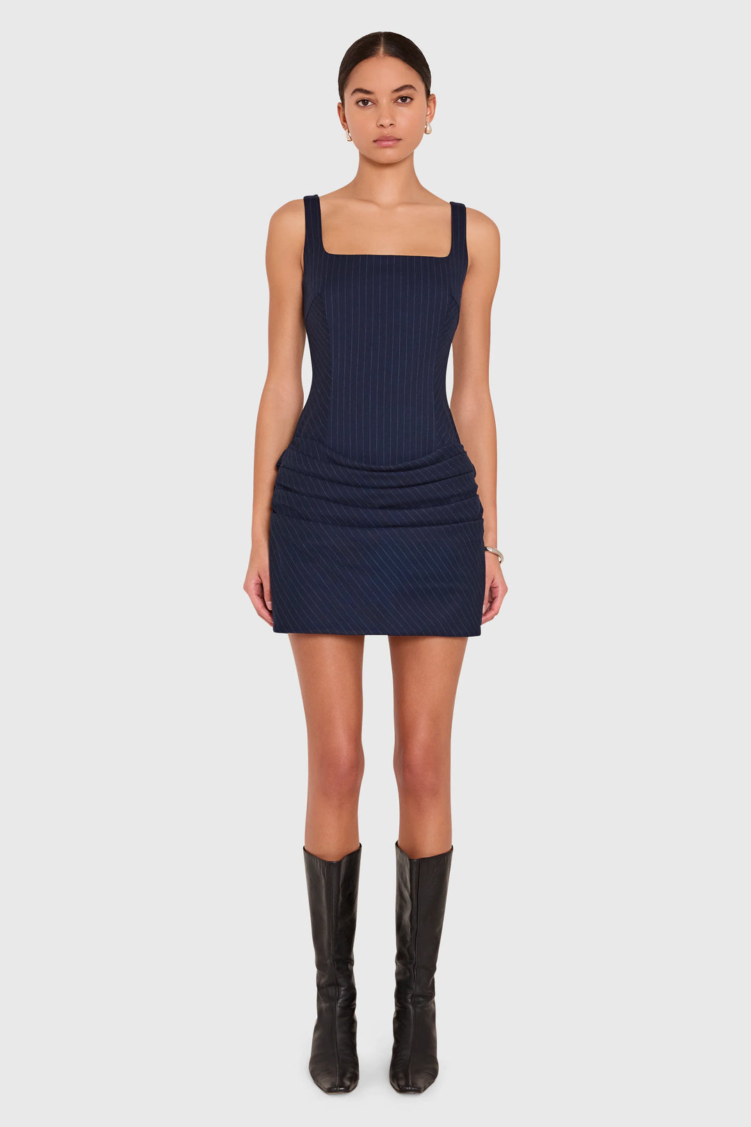 Annabella navy square neck ruched mini dress